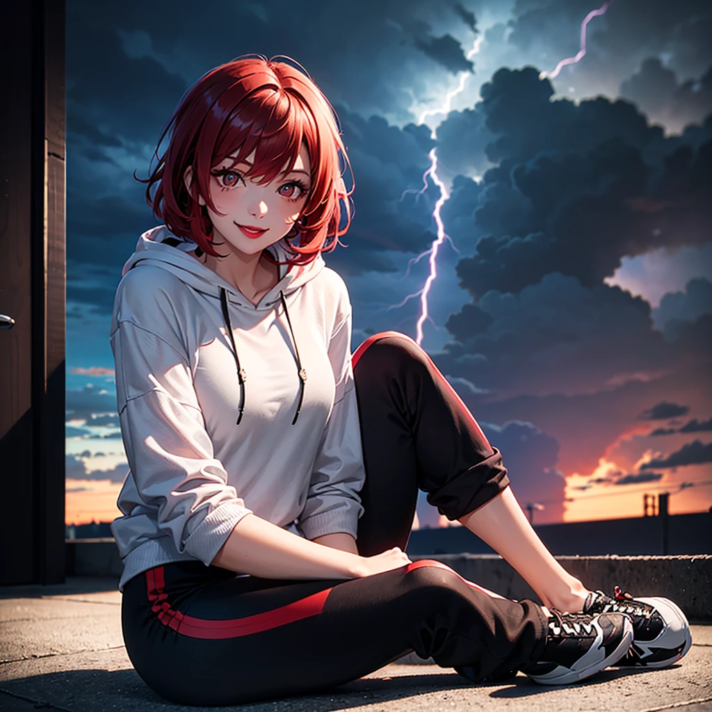A 25-year-old woman with tanned skin, scarlet eyes, short and messy red hair, wearing a loose black hoodie and sport pants, a soft but teasing smile with black matte lipstick, sitting at the edge of a building with a thunderstorm in the background, black lipstick