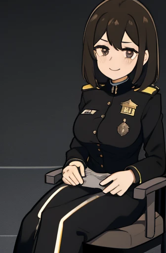 officer, slender girl, mixed black-brown hair, tired eyes, black suit, big breasts, tired face, tired bitter smile, habitual hair, sit chair, View from above diagonally