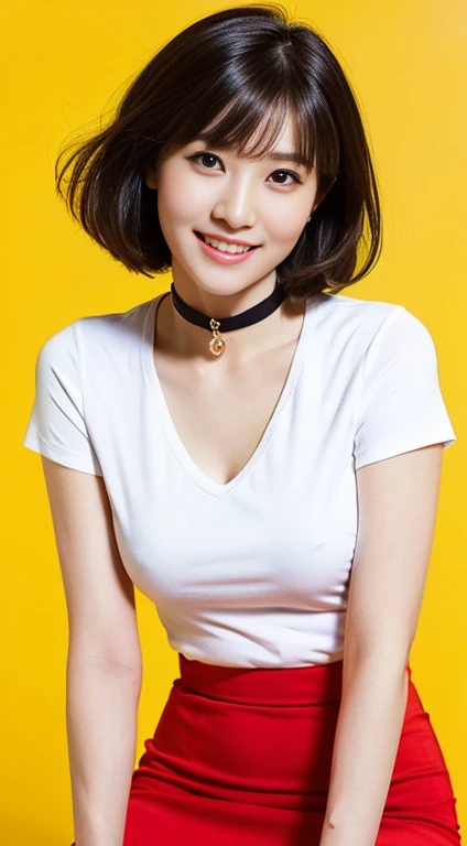 (A Gorgeous Lady, age 25, White T-shirt & Red Pencil Skirt, Blue Choker, natural pose, dimpled smile, short_bob_hair_bangs, cute snaggletooth, well-endowed round bosom, romantic comedic genius, photorealistic, beautiful detailed eyes, hyper-realism, high contrast, ultra HD, realistic skin textures, top image quality, top-quality, super high resolution, fine details, very meticulously, head_to_knees, High_Angle_Shot, simple yellow background)