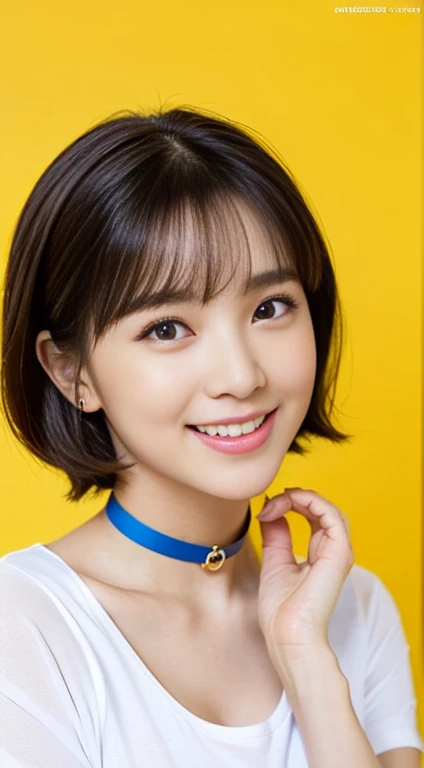 (A Gorgeous Lady, age 25, White T-shirt & Red Pencil Skirt, Blue Choker, natural pose, dimpled smile, short_bob_hair_bangs, cute snaggletooth, well-endowed round bosom, romantic comedic genius, photorealistic, beautiful detailed eyes, hyper-realism, high contrast, ultra HD, realistic skin textures, top image quality, top-quality, super high resolution, fine details, very meticulously, head_to_knees, High_Angle_Shot, simple yellow background)