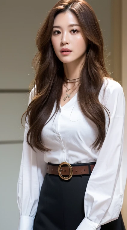 (Highest quality, High resolution, masterpiece :1.3), Tall and beautiful woman, Slim Abs, Dark brown hair styled in loose waves, chest, Wearing a pendant, White button-up shirt, belt, Black Skirt, (Modern architecture in the background), Exquisite expression of facial and skin texture details, Fine grain, double eyelid