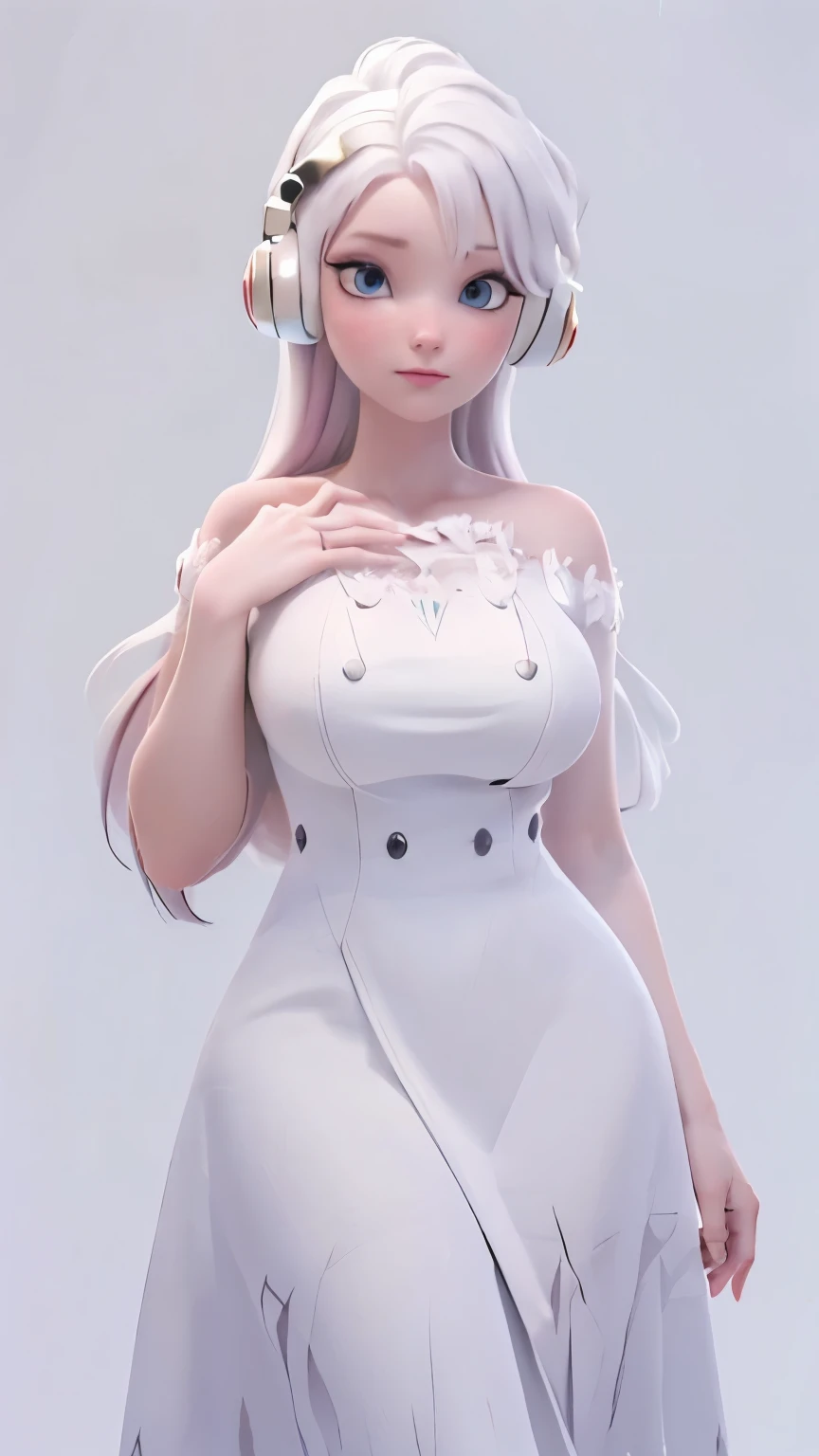 (1 girl, Alone, Masterpiece, 4k, Best Quality:1.2, (cowboy shot), Best Quality:1.2, good hands, showy, (perfect hands, perfect anatomy)), 
utaop, headphones,blush, White dress, fur over one, red and white hair, multicolor fur, High average, 
((medium breasts, big hips, looking at the viewer)), 
((simple background, White background)), 