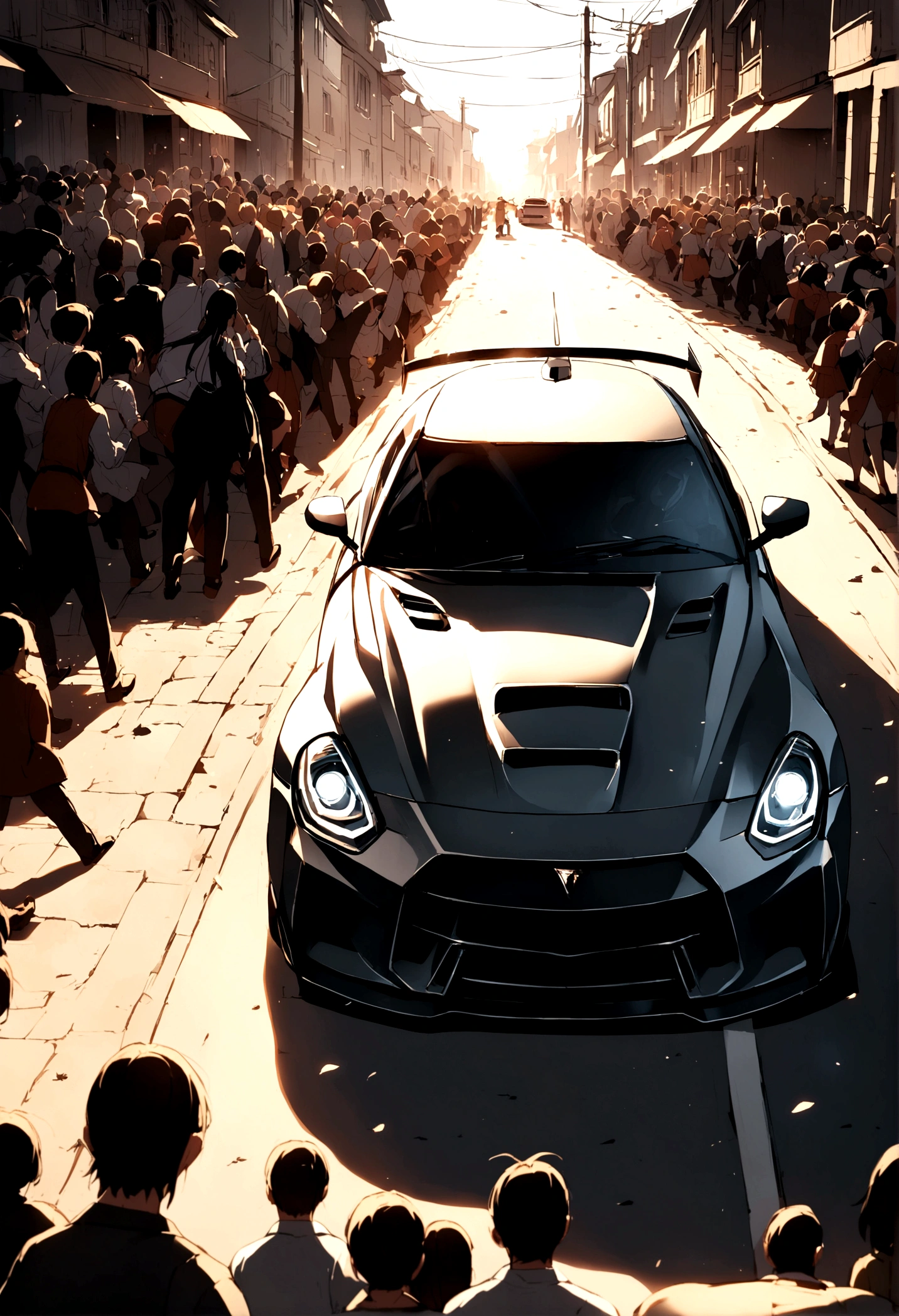 A GTR races down the road,The side of the road is full of people screaming