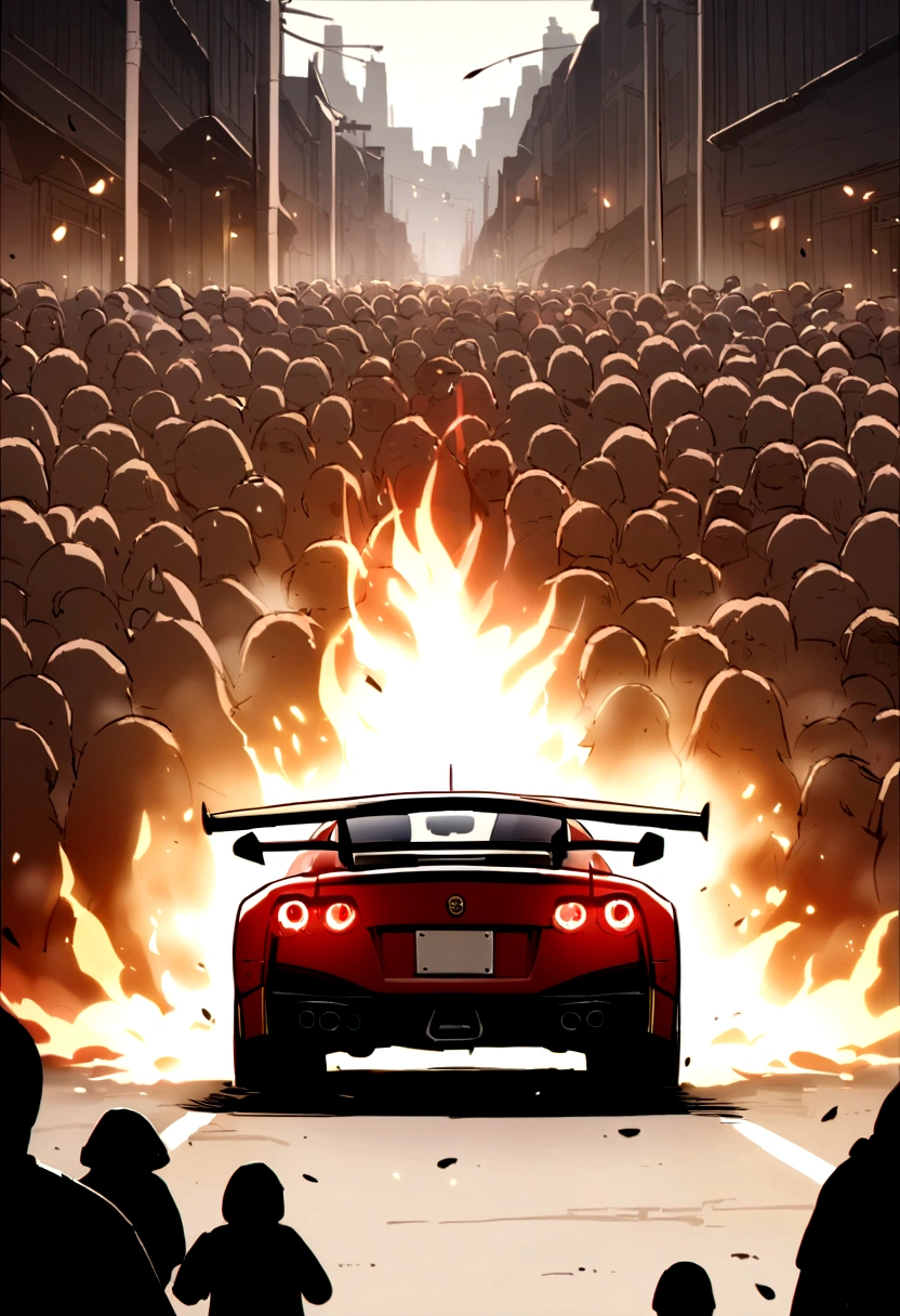 A GTR races down the road,The side of the road is full of people screaming