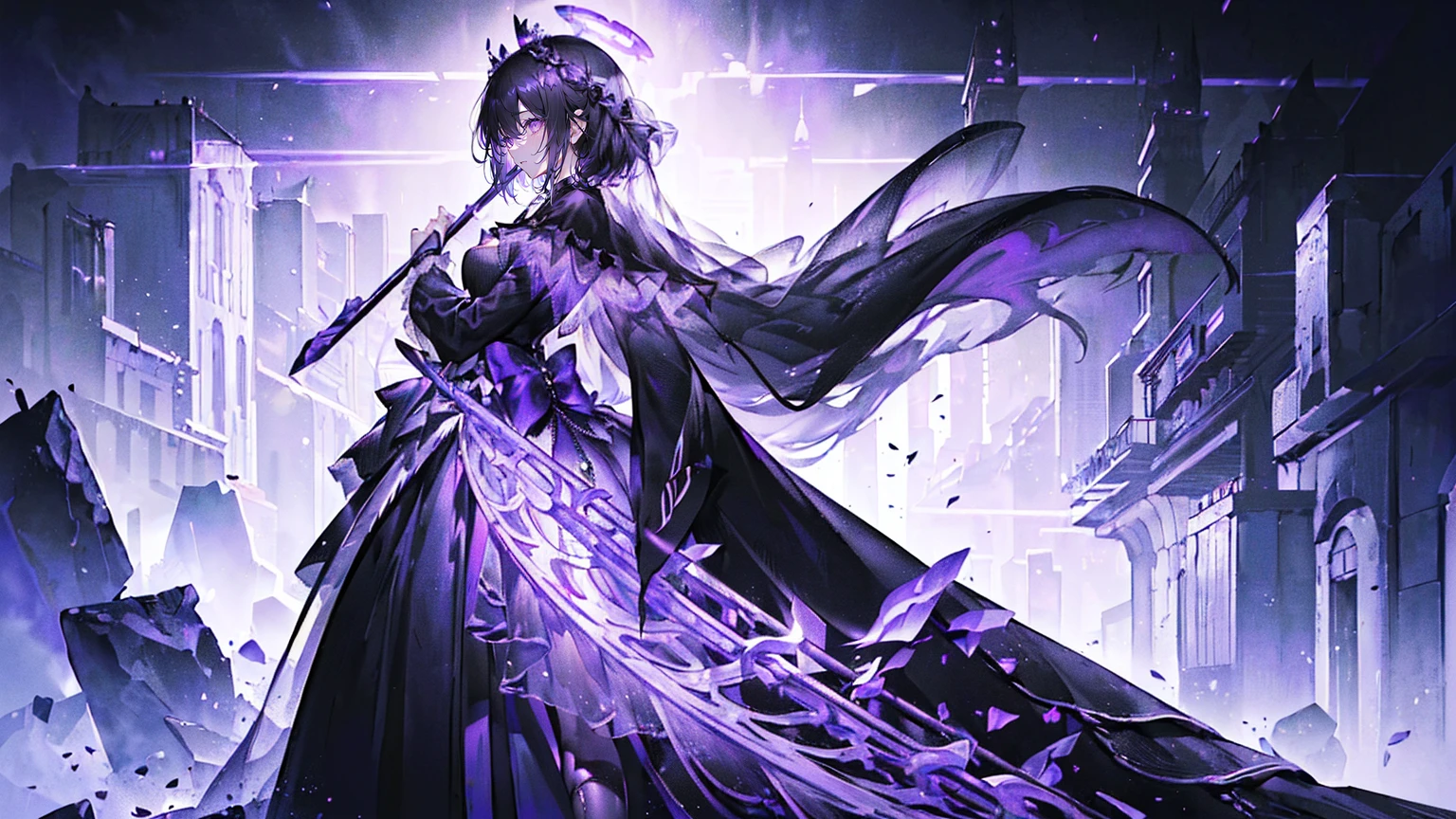 (Super detailed)),((illustration)),((masterpiece)),(((need))),((fine、Highest quality CG Unity 8K wallpapers,masterpiece),((4K,masterpiece,best quality)),Black hair queen,Sexy,Lilac eyes,Standing upright in a coffin,Mature,Hair Bunch,Hair tied on both sides,Black and gold gauze robe,Black and purple French vintage clothing,Gorgeous pure black cape,Black veil,Purple-white halo,Black and purple high heels,Wearing a crown on the head,Holding a knight's sword,pyramid,Emitting dim purple light,under deep sea,under deep sea的废墟,under deep sea排满棺材,Mysterious symbols