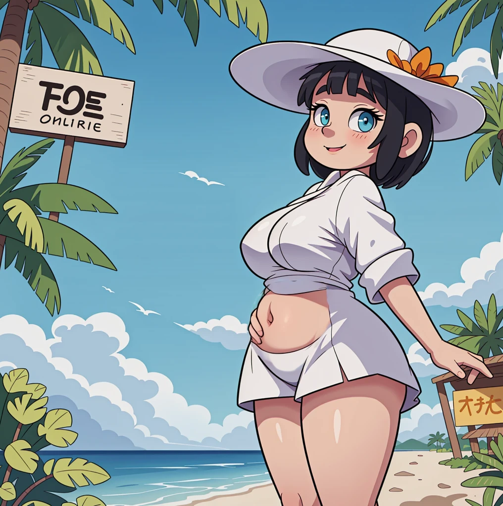 the entrance to a beach resort, a chubby girl next to the entrance, very chubby large belly, massive thighs, large breasts, tight clothes, softly smiling, standing next to a sign that says 'Opu Nui Beach & Resort', palm trees, in front of a beach, wearing hotel atelier clothes, standing beside the sign, resort in the background, very pretty, tall, wearing a large white sunhat, gesturing to the sign for the resort, very sexy