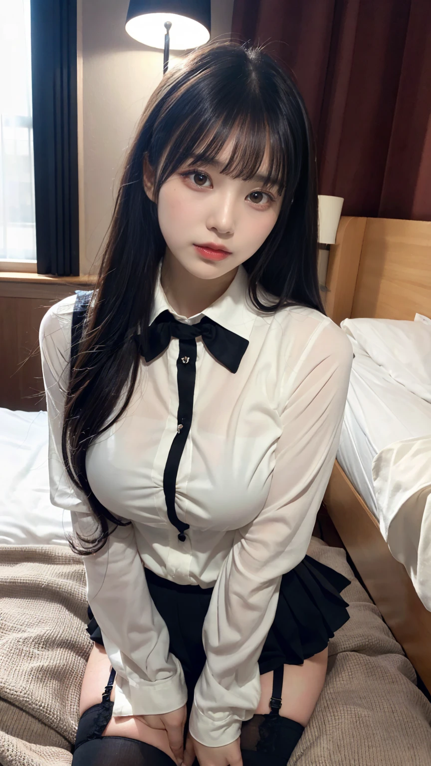 masterpiece, best quality, illustration, Super detailed, fine details, High resolution, 8K,wall paper, perfect dynamic composition,(Details High quality, realistic depiction of eyes:1.3), (collared shirt:1.1), pleated skirt, knee high socks, large breasts, black hair color, Big Natural Color Lip, bold sexy pose, (perfect body shape), crying a little、cold gaze, Harajuku style、20 year old girl、cute type、lolita、beautiful legs, hotel room, hposing Gravure Idol, Voluptuous thighs