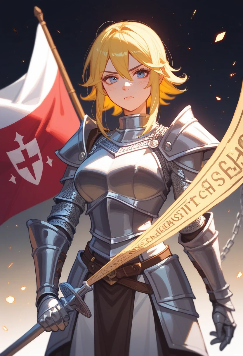 (Fraction_9,Fraction_8_Direction_7_up),1 Woman,Half Body,Yellow hair,silver chain mail,There is a woman in armor holding a banner and a sword, Paladin, Portrait of a Knight Woman, Female Paladin, 幻想 Paladin女人, Female Knight, Female Knight, 中世纪Female Knight, Female Knight, Female Paladin, Magic Knight full map,A determined expression,Beautiful face,