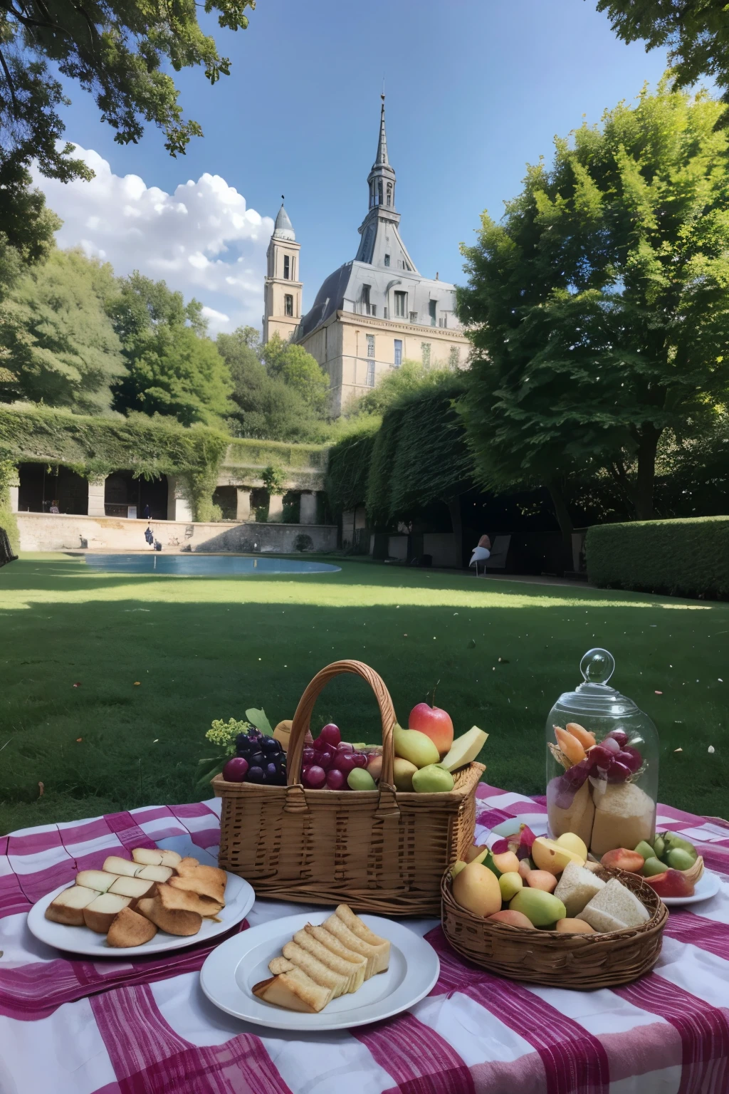 Por favor, create a super realistic image of a tourist attraction in France called Luxembourg Garden. The image should capture an upscale picnic scene with natural lighting. En el centro de la imagen, there must be an open picnic basket, covered with a red checkered cloth spread on the floor. Inside the basket, there must be a healthy snack, including gourmet sandwiches, fine cheeses, artisan breads, and a selection of fresh fruits such as grapes, strawberries and apples. The scene should be surrounded by the natural beauty of the garden, with green trees, colorful flowers and a view of the palace in the background. The image should have an elegant and sophisticated aesthetic, perfect for an Instagram post, as if it had been taken at the exact moment of the picnic.