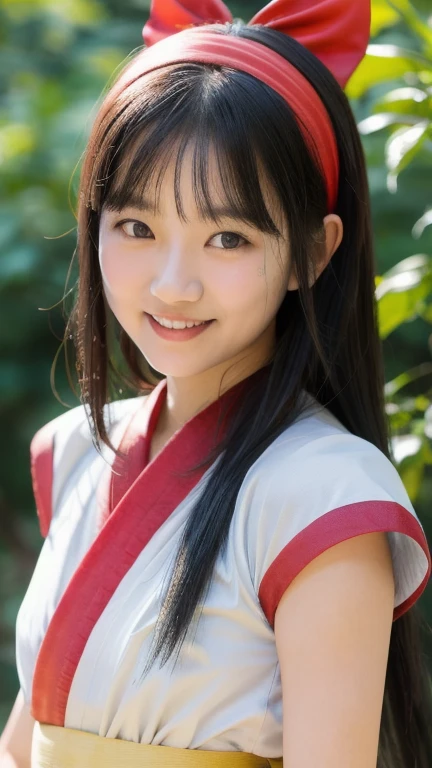 nakorurums,
red bow,
bow,
red hairband,
hairband,
hair fringe,
long hair,
ainu clothes,
fingerless gloves,
short sleeves,
a close up of a person in a costume holding a knife,
kunoichi,
katana zero video game character,
amaterasu,
skin pores texture,
cute,
wrinkled skin,
sharp,
15 years old,
flirts with the camera,
(Asian girl:1.2),
(Realistic hair:1.2),
(realistic eyes:1.2),
(Beauty face:1.3),
(detailed face and eyes):1.2, 
(freckles:0.5),
perfect body, 
perfect hands,
perfect face,
perfect eyes, 
Best quality, 
ultra highres, 
(realistic, photo-realistic:1.33), 
(8k, RAW photo, best quality, masterpiece:1.2),
Kodak gold 200, 
National Geographic style, 
medium shot, 
Photography, 
movie, 
cinematic, 
Realistic, 
natural lighting, 
depth of field, 
film grain,
full body, 
looking at viewer,
smile, 
smiling,
away from the camera,