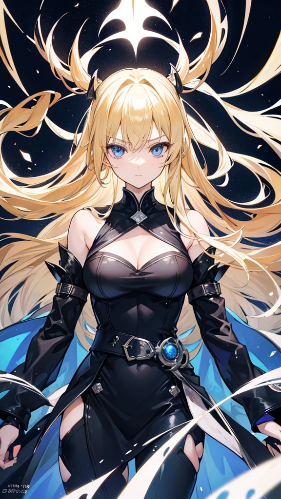 Nara Vor EndField has long, flowing blonde hair that reaches her waist and piercing blue eyes, reflecting intelligence and sharpness. She wears a simple yet stylish black dress with a high collar and a belt at the waist, adding a touch of elegance. Her serious and focused expression suggests determination and readiness for a challenge. The abstract, glowing background enhances the mysterious and dramatic aura surrounding her, emphasizing her strong and charismatic presence.