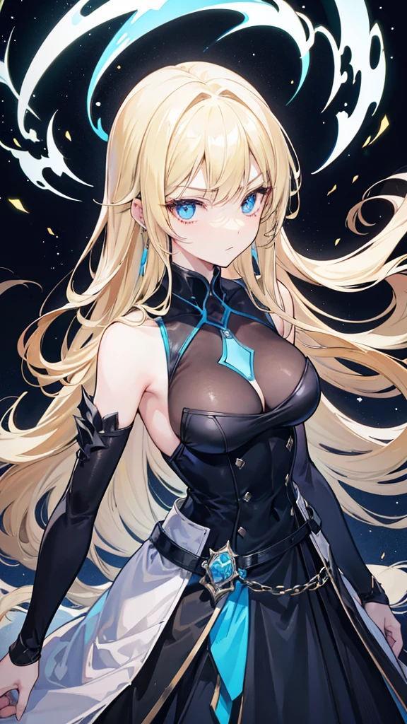 Nara Vor EndField has long, flowing blonde hair that reaches her waist and piercing blue eyes, reflecting intelligence and sharpness. She wears a simple yet stylish black dress with a high collar and a belt at the waist, adding a touch of elegance. Her serious and focused expression suggests determination and readiness for a challenge. The abstract, glowing background enhances the mysterious and dramatic aura surrounding her, emphasizing her strong and charismatic presence.