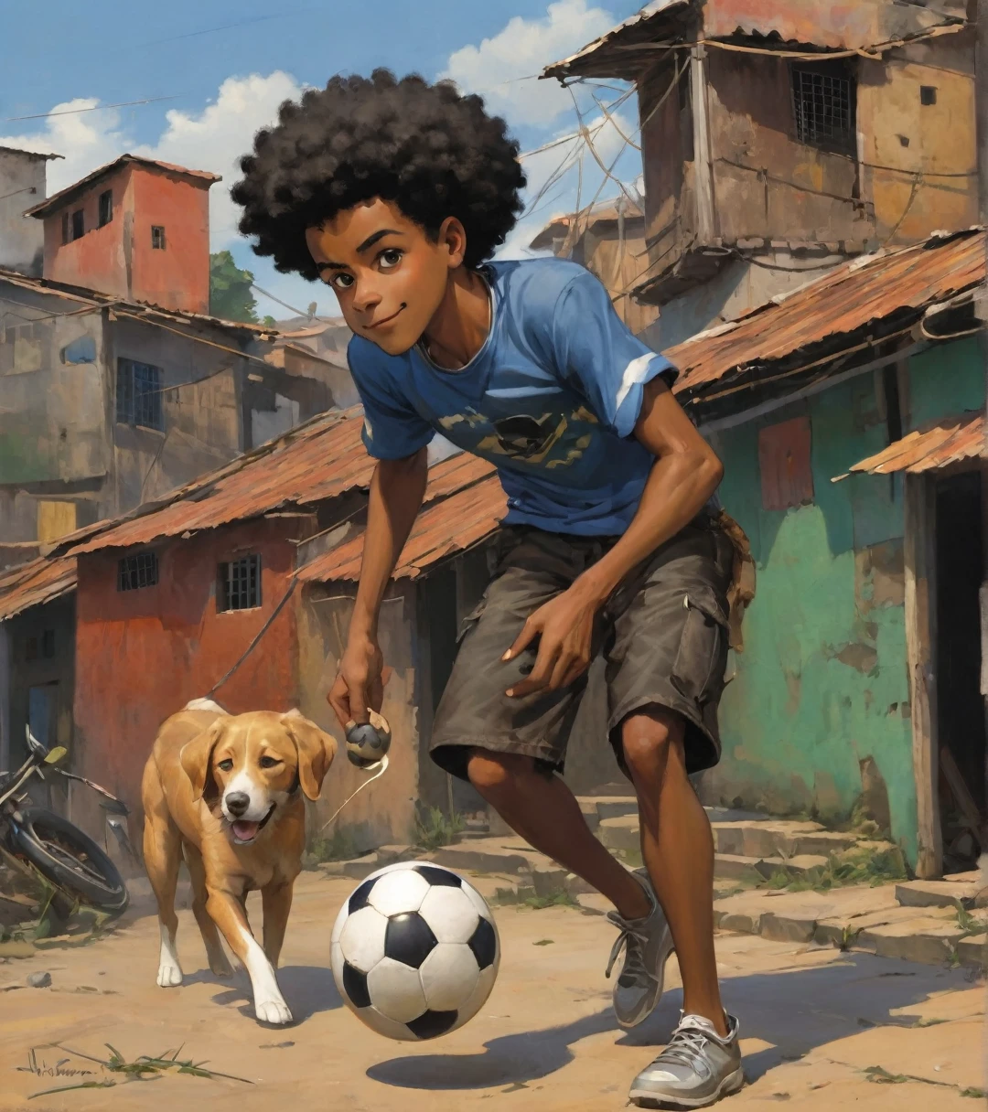 A poor Afro-Brazilian guy in a favela in Porto Alegre Rio Grande do Sul Brazil drawn by Todd McFarlane and Greg Capullo, he is wearing old and torn clothes, he is shotting a soccer ball and playing with the ball with your dog, a favela in the background, he is a soccer player, Robert Downey Jr Reference., engine unreal, octane rendering, por Jacob Lawrence e Francis Picabia, perfect composition, beautiful detailed intricate insanely detailed octane rendering trending on artstation, 8k art photography, photorrealistic concept art, soft natural volumetric cinematic perfect light, Bright dark, rewarded photography, work of art, oil on canvas, rafael, caravaggio, Greg Rutkowski, beetle, Beksinski, giger, a smile on your face with two large central incisors, the detail, highy detailed, photo realist