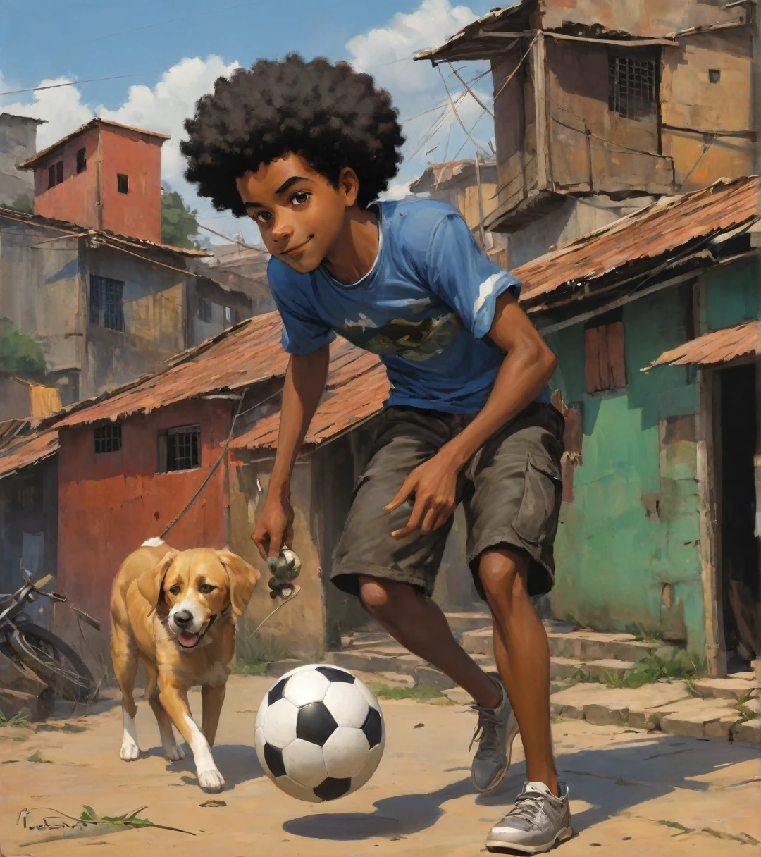 A poor Afro-Brazilian guy in a favela in Porto Alegre Rio Grande do Sul Brazil drawn by Todd McFarlane and Greg Capullo, he is wearing old and torn clothes, he is shotting a soccer ball and playing with the ball with your dog, a favela in the background, he is a soccer player, Robert Downey Jr Reference., engine unreal, octane rendering, por Jacob Lawrence e Francis Picabia, perfect composition, beautiful detailed intricate insanely detailed octane rendering trending on artstation, 8k art photography, photorrealistic concept art, soft natural volumetric cinematic perfect light, Bright dark, rewarded photography, work of art, oil on canvas, rafael, caravaggio, Greg Rutkowski, beetle, Beksinski, giger, a smile on your face with two large central incisors, the detail, highy detailed, photo realist