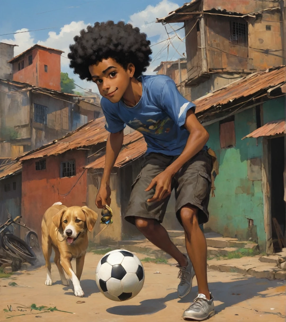 A poor Afro-Brazilian guy in a favela in Porto Alegre Rio Grande do Sul Brazil drawn by Todd McFarlane and Greg Capullo, he is wearing old and torn clothes, he is shotting a soccer ball and playing with the ball with your dog, a favela in the background, he is a soccer player, Robert Downey Jr Reference., engine unreal, octane rendering, por Jacob Lawrence e Francis Picabia, perfect composition, beautiful detailed intricate insanely detailed octane rendering trending on artstation, 8k art photography, photorrealistic concept art, soft natural volumetric cinematic perfect light, Bright dark, rewarded photography, work of art, oil on canvas, rafael, caravaggio, Greg Rutkowski, beetle, Beksinski, giger, a smile on your face with two large central incisors, the detail, highy detailed, photo realist
