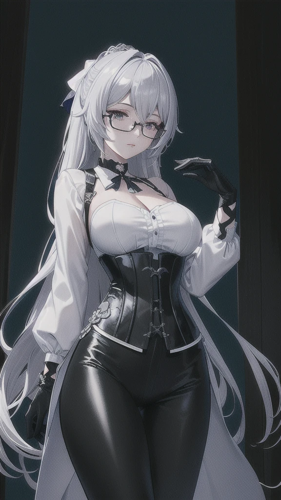 Masterpiece, Beautiful art, professional artist, 8k, detailed body, Very detailed face, very detailed eyes, Detailed clothing, detailed fabric, Best Quality, better resolution, 1 girl, bronya zaychik \(Honkai Impact 3rd\), front view, standing, big breasts, serious expression, At night , silver hair, glasses, choker:1.6, (white collar button down long sleeve shirt), (shiny black corset), black gloves that cover your hands, (shiny black leggings), looking at the viewer, elegant room, At night