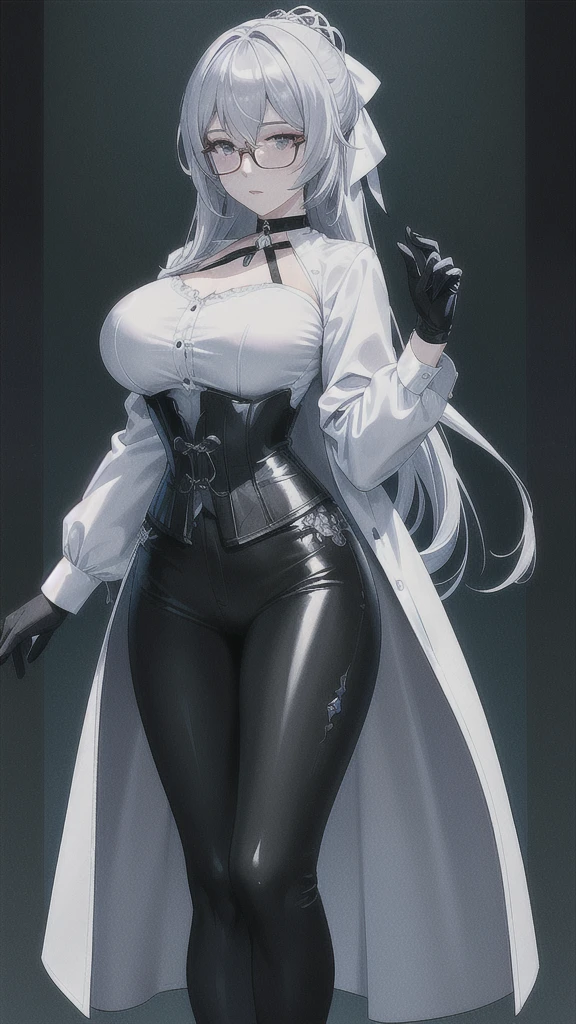 Masterpiece, Beautiful art, professional artist, 8k, detailed body, Very detailed face, very detailed eyes, Detailed clothing, detailed fabric, Best Quality, better resolution,  1 girl, bronya zaychik \(Honkai Impact 3rd\), front view, standing, big breasts, serious expression,  At night , silver hair, glasses, choker:1.6, (white collar button down long sleeve shirt), (shiny black corset), black gloves that cover your hands, (shiny black leggings), looking at the viewer, elegant room, At night