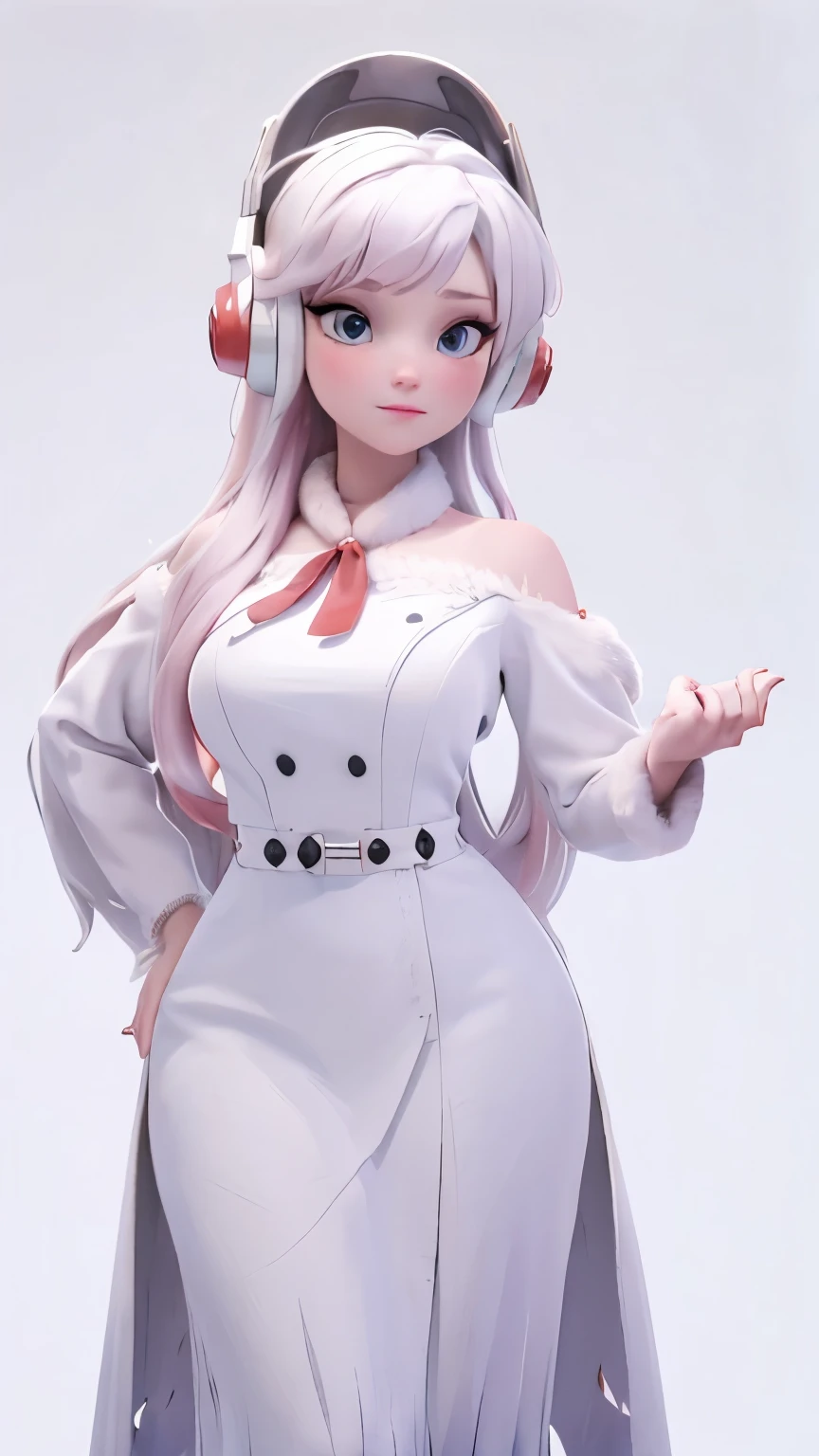 (1 girl, Alone, Masterpiece, 4k, Best Quality:1.2, (cowboy shot), Best Quality:1.2, good hands, showy, (perfect hands, perfect anatomy)), 
utaop, headphones,blush, White dress, fur over one, red and white hair, multicolor fur, High average, 
((medium breasts, big hips, looking at the viewer)), 
((simple background, White background)), 