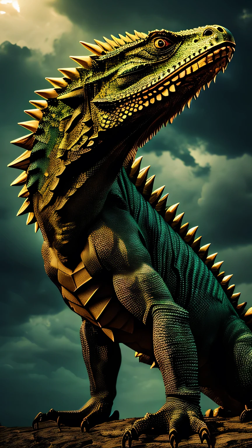 A towering, fierce Kaiju Iguana, exuding power and menace in every scale and spike. This 3D model captures the creature in stunning detail, from its razor-sharp teeth to its thunderous footsteps. The intricately textured skin shimmers with hints of green and gold, while fiery eyes glare with a primal intensity. This digital masterpiece immerses viewers in the world of giant monsters, highlighting the ferocity and majesty of this monstrous reptile.