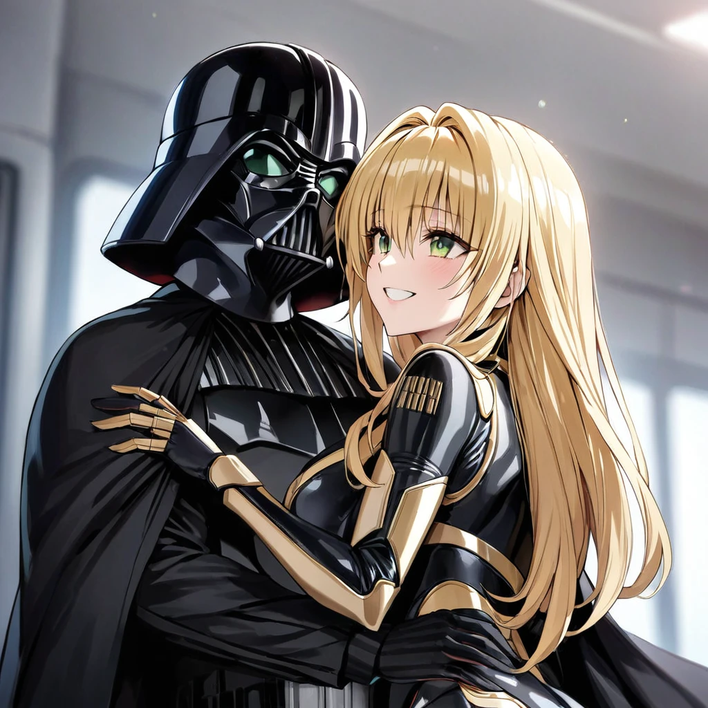 ((Highest quality)), ((masterpiece)), (detailed), (Perfect Face)、The woman is a Stormtrooper named Tiare, with green eyes, medium-long blonde hair, and is wearing a gorgeous black Stormtrooper bodysuit with gold patterns and trim, a gorgeous black cape, and a Darth Vader helmet.、The woman loves Darth Vader and smiles sweetly at him as she leans against him, and Darth Vader holds the woman close.