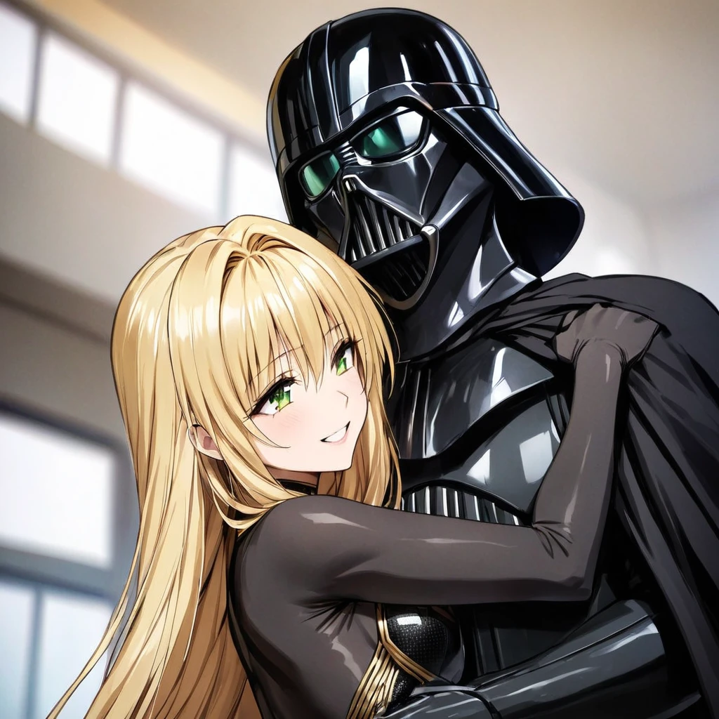((Highest quality)), ((masterpiece)), (detailed), (Perfect Face)、The woman is a Stormtrooper named Tiare, with green eyes, medium-long blonde hair, and is wearing a gorgeous black Stormtrooper bodysuit with gold patterns and trim, a gorgeous black cape, and a Darth Vader helmet.、The woman loves Darth Vader and smiles sweetly at him as she leans against him, and Darth Vader holds the woman close.