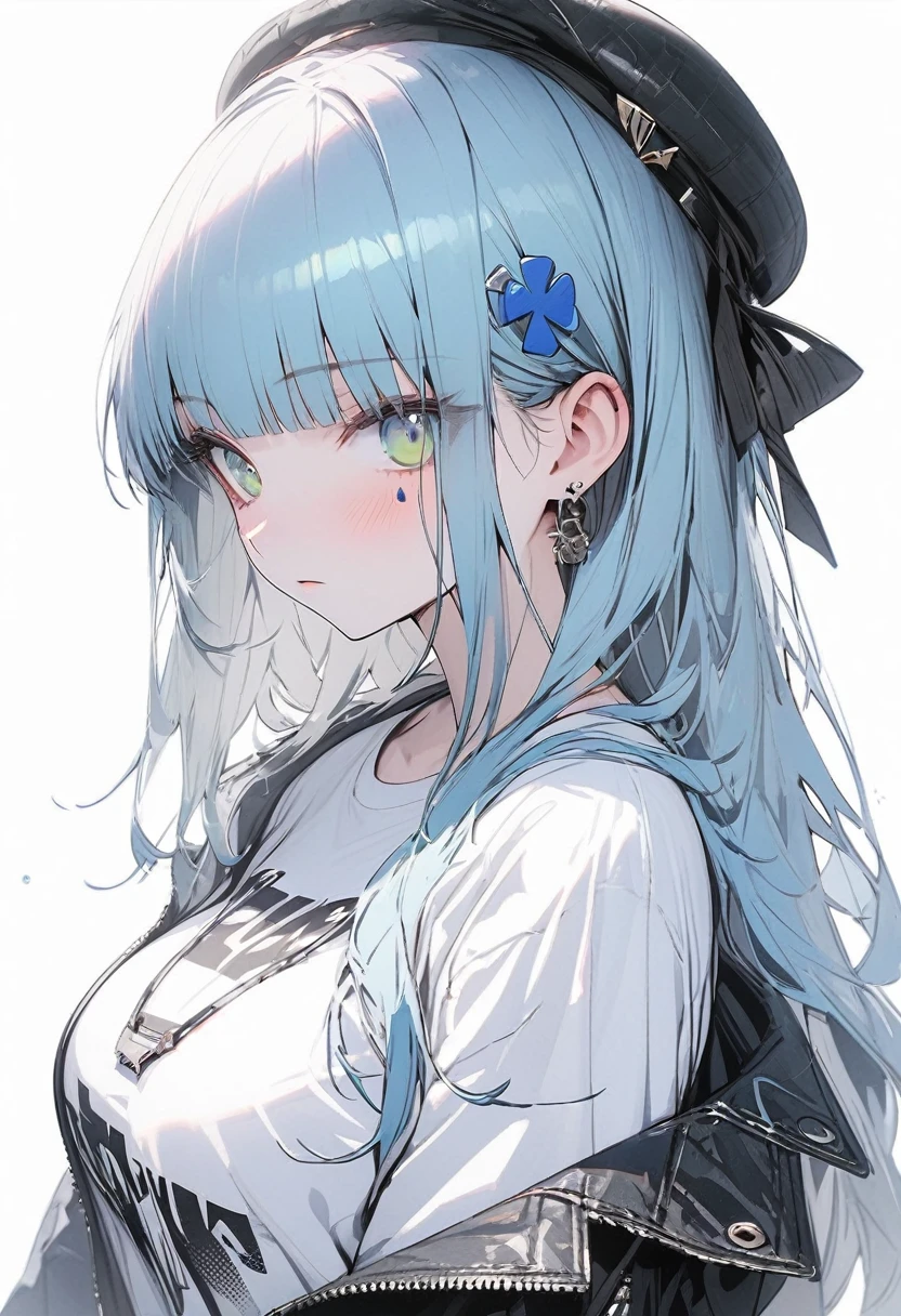 （(1girl))，(((high resolution))),((full body)),straight hair,large breatst,Masterpiece，Super detailed，((white background))，Cool look,((hk416)) ，childish appearance,(expressionless),blunt bangs,(Sky blue hair)，long hair，big breasts,Teenage Girls,Clear Eyes，Green Eyes,white skin,Great graphics,black jacket,thigh-high,白いT-shirt