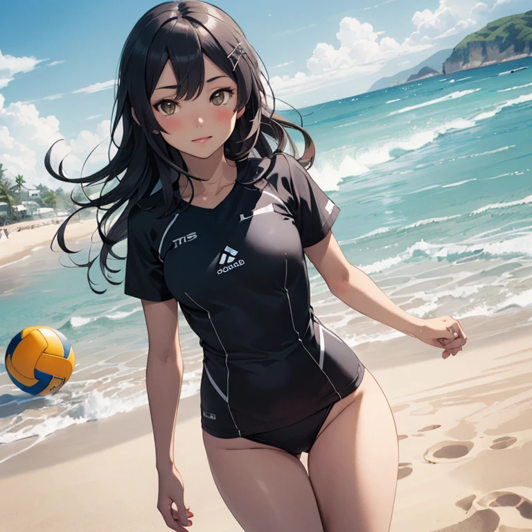 oyashio,hairclip,(masterpiece:1.4),(best quality:1.4), (amazing), (great illustration:1.4), (ultra-detailed:1.4), (art CG, 8K),beach volleyball wear,1girl,solo,small breasts,sea,play beach volleybal,