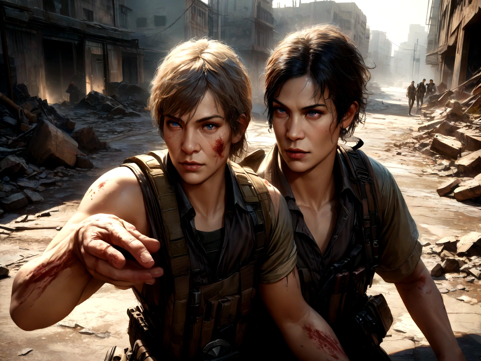 Three zombie apocalypse, 3 males, high detailed face, extremely detailed eyes and face, extremely detailed skin texture, post-apocalyptic, , dark, moody lighting, dramatic lighting, cinematic, action pose, tactical gear, survival supplies, abandoned city, rubble, debris, post-apocalyptic landscape, (best quality,4k,8k,highres,masterpiece:1.2),ultra-detailed,(realistic,photorealistic,photo-realistic:1.37),cinematic lighting,dramatic shadows,intense colors,cinematic composition