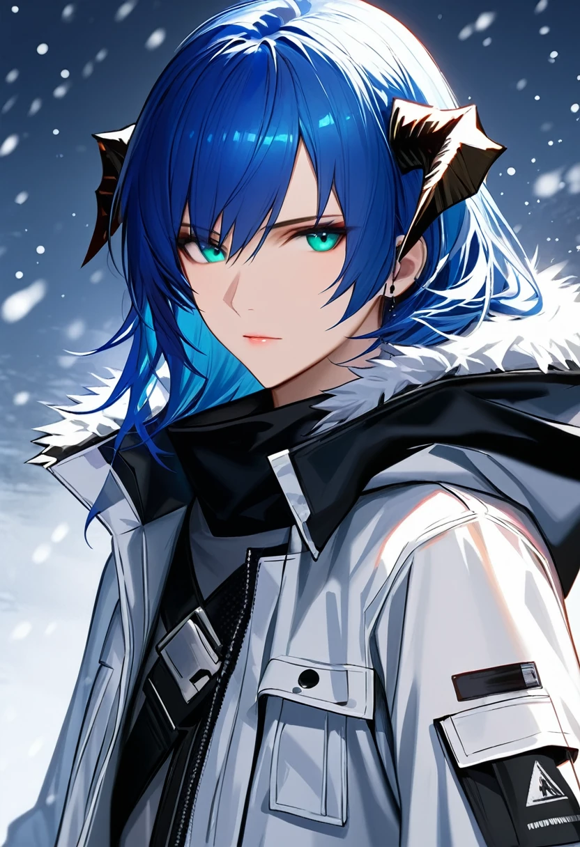 ((adult)), (woman), ((tall)), ((Mostima from arknights)) , masterpiece, best quality, ((Bluer hair long)), horns, plain white shirt, white coat, black furred hood, realistic anime style, snow background, portrait.
