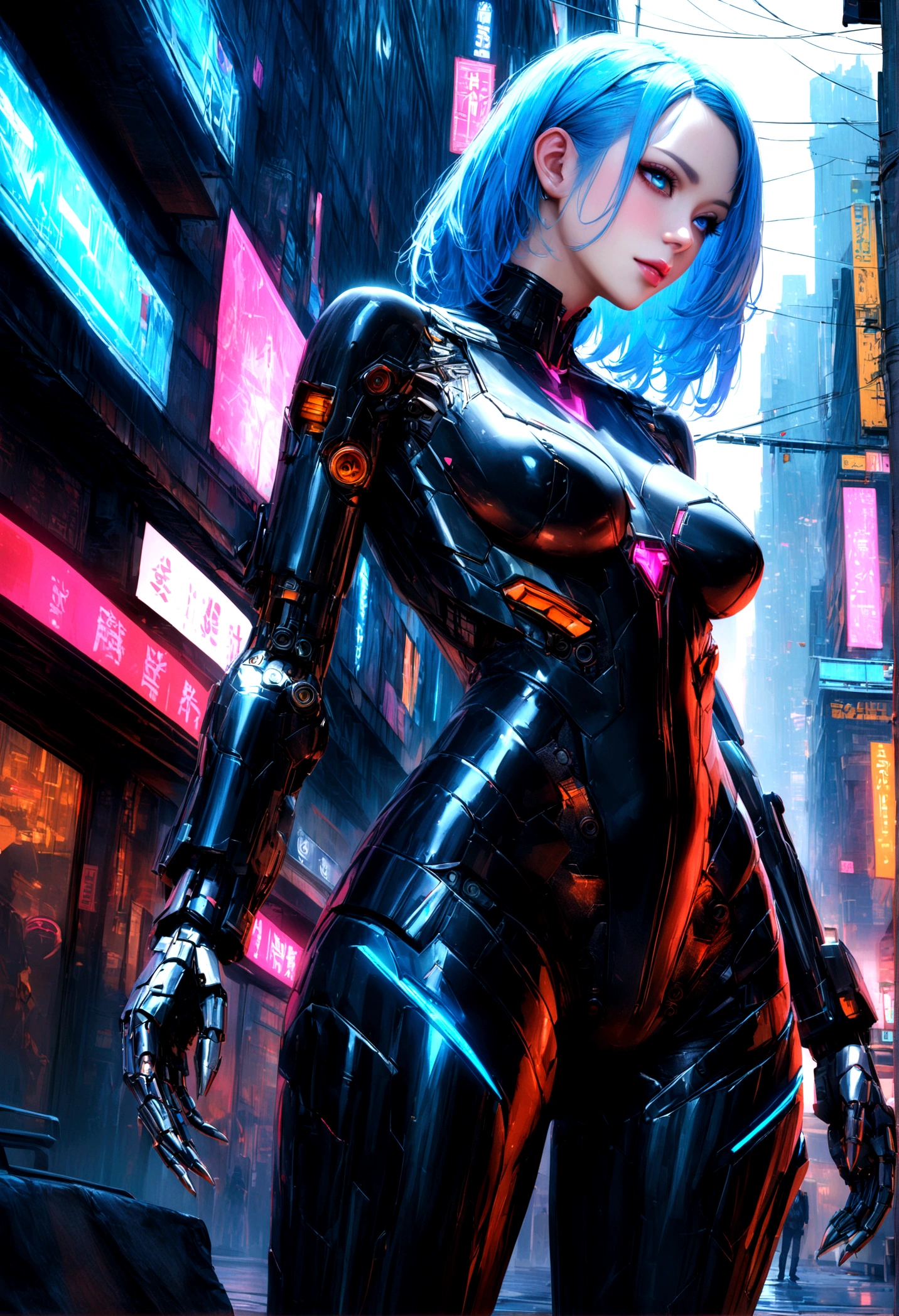 a beautiful cyberpunk cyborg woman, blue colored eyes, short corn, human body, mechanical legs, mechanical arms, in a furist city, 8k ultra detailed and realistic