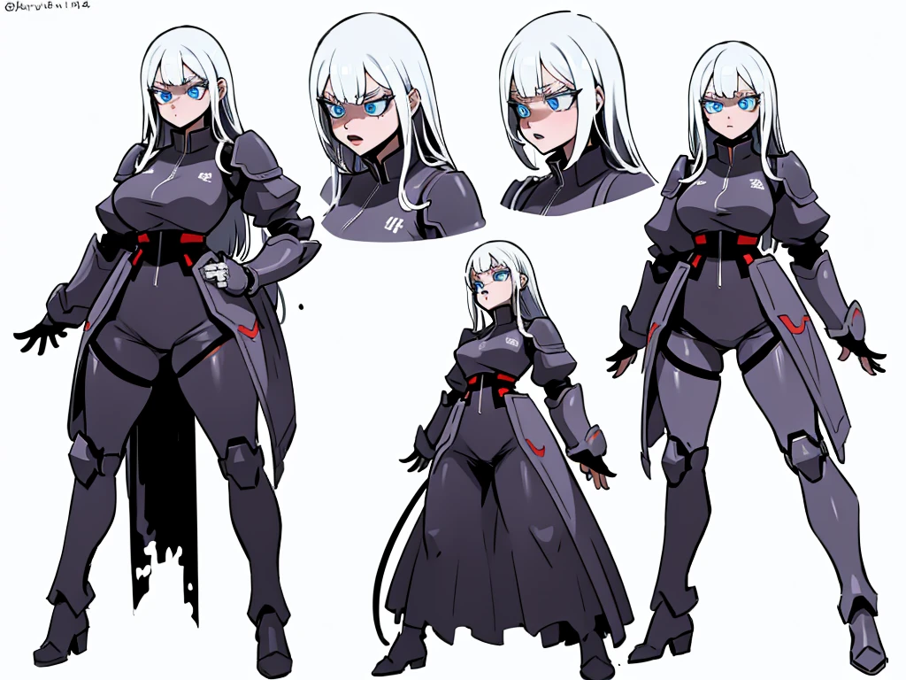 ((full bodyesbian)), (Simple background), ((multiple views)), ((High resolution)), (simple background), (white backgrounid:1.3), 1girl, resilient skin that can withstand most attacks. Her eyes are blind but glow with a fiery intensity, and she navigates by keen senses of hearing and smell. Her hair is wild and dark, flowing around a fierce face with sharp, monstrous features. Her outfit is a blend of practical armor and ragged clothing, barely containing her immense strength. She stands in a challenging pose, hands on hips, exuding a terrifying yet captivating presence, with a full-body depiction.