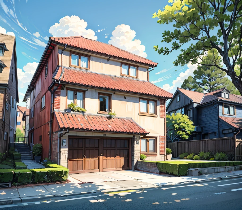 Picture of an English style house surrounded by nature, the house has a parking space. There are stairs in front of the house. The house has only one storey with large windows. Parking space, separate garage. Car in front of the garage, the view is from across the street. House is facing the street, the house is made up of red bricks.