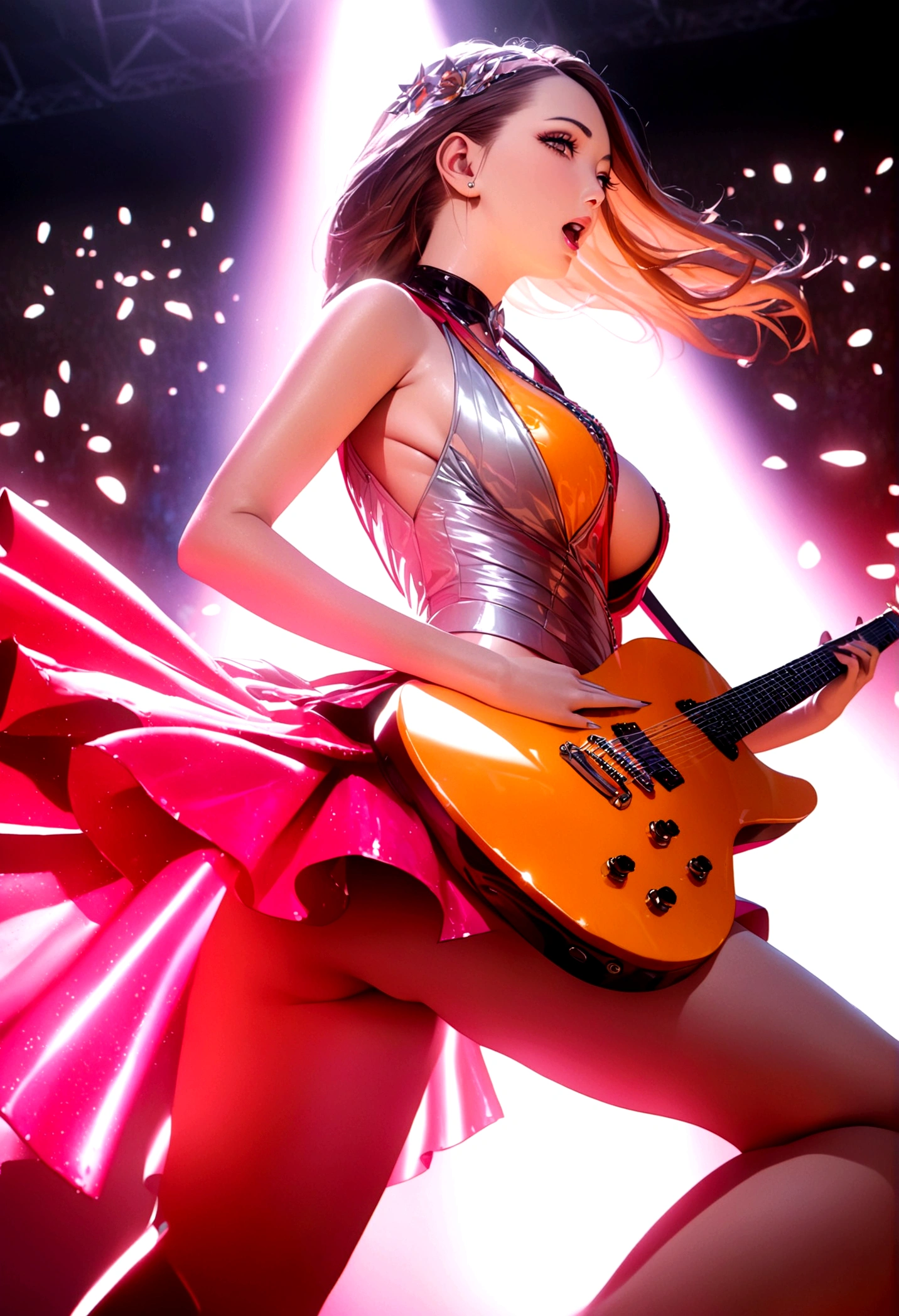 a glamorous woman, exciting flashy outfit, matching guitar, performing in a crowded kpop concert, lively performance, power ballad, cinematic lighting, vibrant colors, dynamic movement, dramatic angles, high energy, close-up shots, intricate details, photorealistic, 8k, best quality, masterpiece