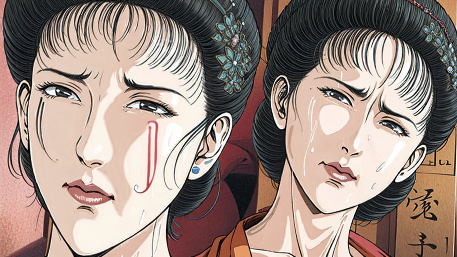 (best quality), (very aesthetic), (ultra-detailed), (best illustration),(a mature female),(perfect face),Suikoden,Mrs. Lin,(((NSFW))),((full_body)),((full_Nude)),(crying),red cheek,sweating,skinny,flushed skin,(Woman with pubic hair),(Lying face down on the bed),traditional Chinese bedroom,