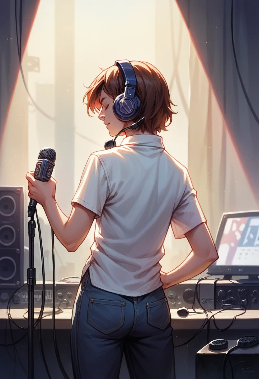 masterpiece, best quality, ultra-detailed, illustration,, recbooth, solo, microphone, headphones, realistic, brown hair, shirt, cable, white shirt, from behind, microphone, microphone stand,