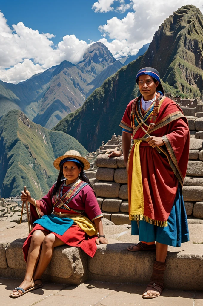 Make a drawing with Machupichu in the background and an Inca holding the Peruvian flag and in a corner a peasant woman sitting