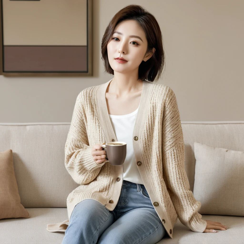 8k best picture quality, Beautiful 36-year-old Korean woman, The eyes are big, round and clear.. short medium hair. Chest size 34 inches, Wearing a cardigan and beige jeans. luxury mansion living room, Sitting on the sofa, holding a ceramic coffee cup with both hands and looking at the cup, full body shot