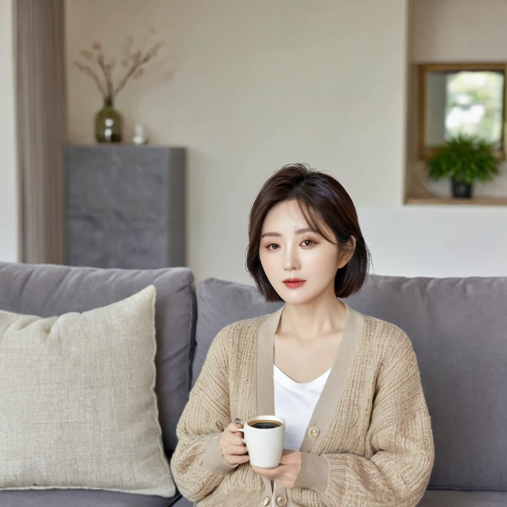 8k best picture quality, Beautiful 36-year-old Korean woman, The eyes are big, round and clear.. short medium hair. Chest size 34 inches, Wearing a cardigan and beige jeans. luxury mansion living room, Sitting on the sofa, holding a ceramic coffee cup with both hands and looking at the cup, full body shot