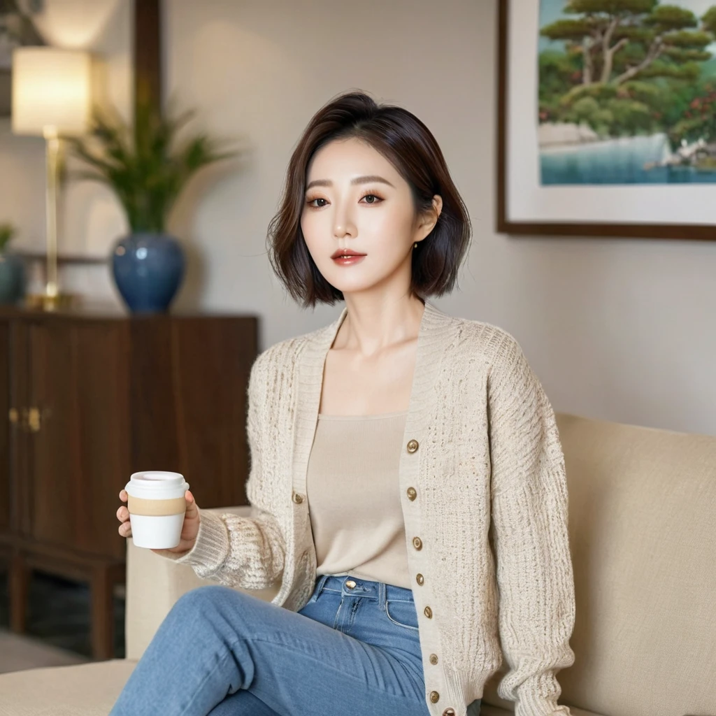 8k best picture quality, Beautiful 36-year-old Korean woman, The eyes are big, round and clear.. short medium hair. Chest size 34 inches, Wearing a cardigan and beige jeans. luxury mansion living room, Sitting on the sofa, holding a ceramic coffee cup with both hands and looking at the cup, full body shot