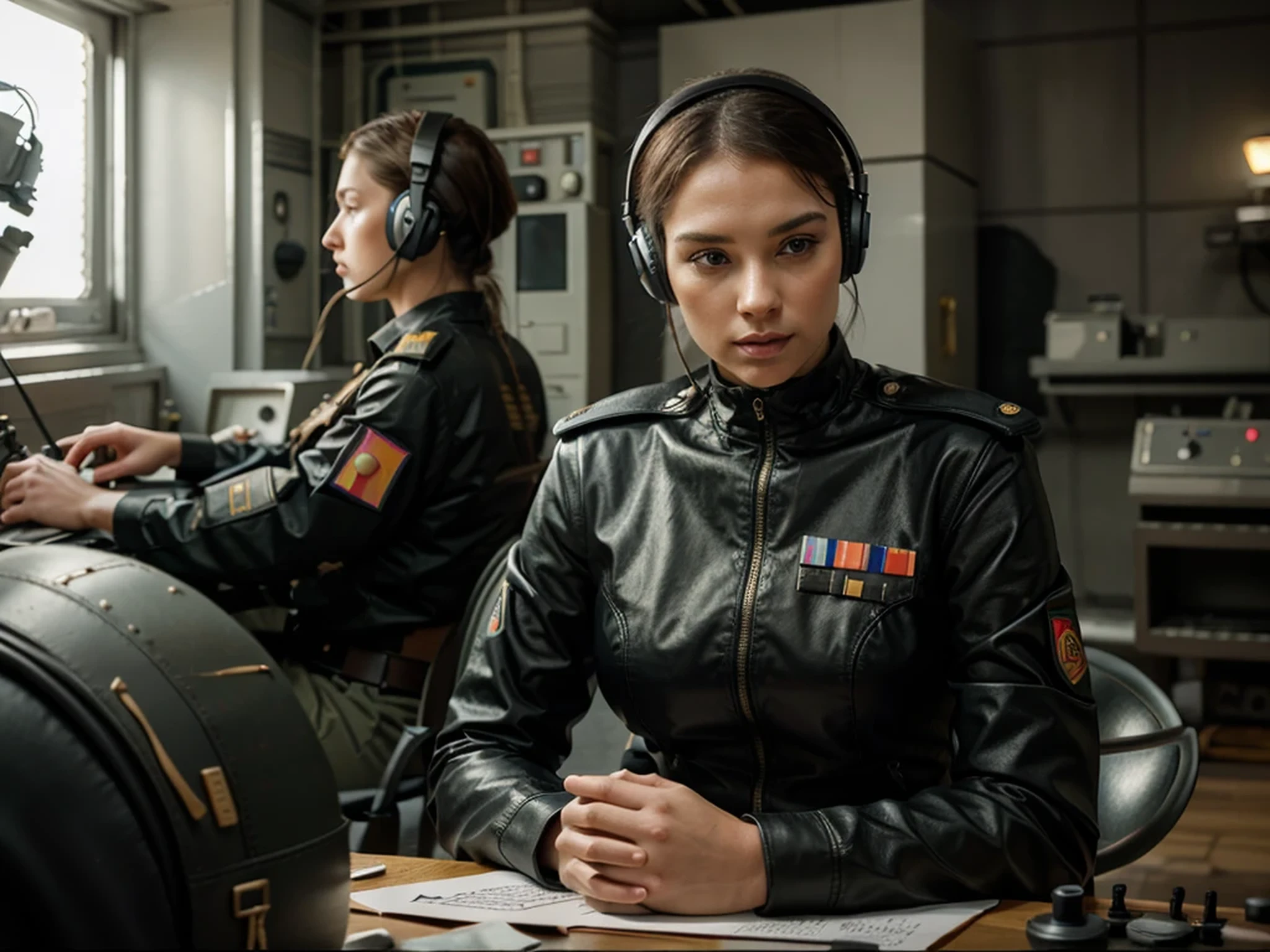 The most beautiful female soldier, face of a beautiful Ukrainian woman, short black military-style hair, she wears a very tight brown leather Soviet-style military uniform, socialite symbols, she wears headphones with a microphone, she is in a bunker with communication equipment and radar , behind her radio operator, Soviet style technology, radar screens, cable tubes and military communication systems, realistic, 4k, Ultra detailed image, realistic, Highly detailed, perfect composition, gorgeous, Intricately detailed, incredibly detailed, Art photography 8K , hyper detailed, Masterpiece, Ultra detailed, hyper realistic, 4k, Ultra detailed image, realistic, Highly detailed, perfect composition, beautiful, intricately detailed, incredibly detailed, art photography 8k, hyper detailed, masterpiece