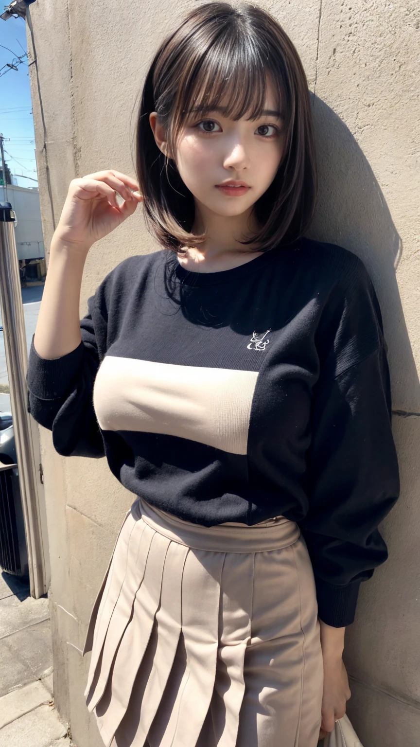 masterpiece, best quality, illustration, Super detailed, fine details, High resolution, 8K,wall paper, perfect dynamic composition,(Details High quality, realistic depiction of eyes:1.3), Highly detailed and elegant applique cotton jersey sweatshirt made of cotton jersey。, Pleated skirt, Features a relaxed and relaxed silhouette., short bob hair, black hair color, Big Natural Color Lip, (perfect body style), sexy pose, crying a little、 Harajuku style、20 year old girl、cute type、ta, hposing Gravure Idol, full body photo、focus on crotch, huge breasts