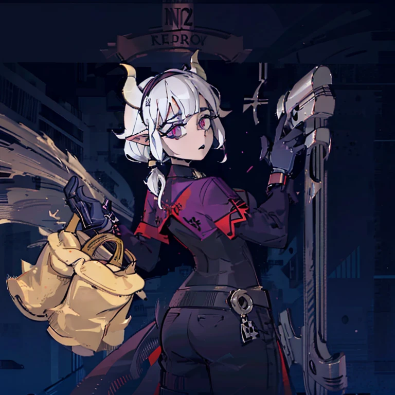 Elfa gato linda surreal, cabelos muito ruivos e detalhados, rosto detalhado, grandes chifres de demonio, gorda, corpo inteiro, grandes olhos, nariz longos e pontudos, colettetrixie, sharp teeth, hair over one eye, hairband, demon horns, colored sclera, purple shirt, purple shorts, demon wings, frieren, 1girl, long hair, pointy ears, twintails, jewelry, elf, earrings, capelet, white capelet, long sleeves, parted bangs, dress, belt, flower, pomni, gloves, puffy short sleeves, red eyes and blue eyes, striped, very big tits, very very big ass, very chubby, 8k