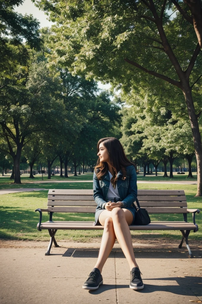 Imagine you are sitting on a park bench.. From your perspective, you see your legs and, at your side, a girl&#39;s leg, with his hands clasped between his legs. In the background, there are more benches and people, trees with simple trunks and scattered leaves. Draw grass and dirt patches on the ground, a winding gravel road and a sky with clouds between the branches. Use light shading to give volume to the legs, hands and trees.