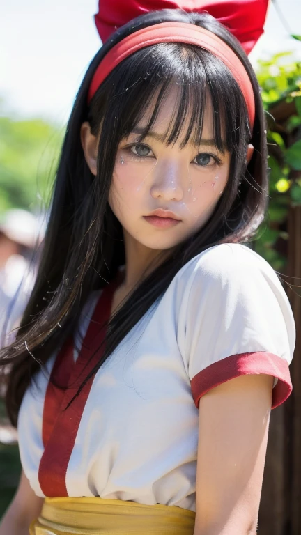 nakorurums,
red bow,
bow,
red hairband,
hairband,
hair fringe,
long hair,
ainu clothes,
fingerless gloves,
short sleeves,
kunoichi,
katana zero video game character,
amaterasu,
skin pores texture,
cute,
wrinkled skin,
sharp,
15 years old,
flirts with the camera,
(Asian girl:1.2),
(Realistic hair:1.2),
(realistic eyes:1.2),
(Beauty face:1.3),
(detailed face and eyes):1.2, 
(freckles:0.5),
perfect body, 
perfect hands,
perfect face,
perfect eyes, 
Best quality, 
ultra highres, 
(realistic, photo-realistic:1.33), 
(8k, RAW photo, best quality, masterpiece:1.2),
Kodak gold 200, 
National Geographic style, 
medium shot, 
Photography, 
movie, 
cinematic, 
Realistic, 
natural lighting, 
depth of field, 
film grain,
full body, 
looking at viewer, sad face, crying, 
away from the camera,