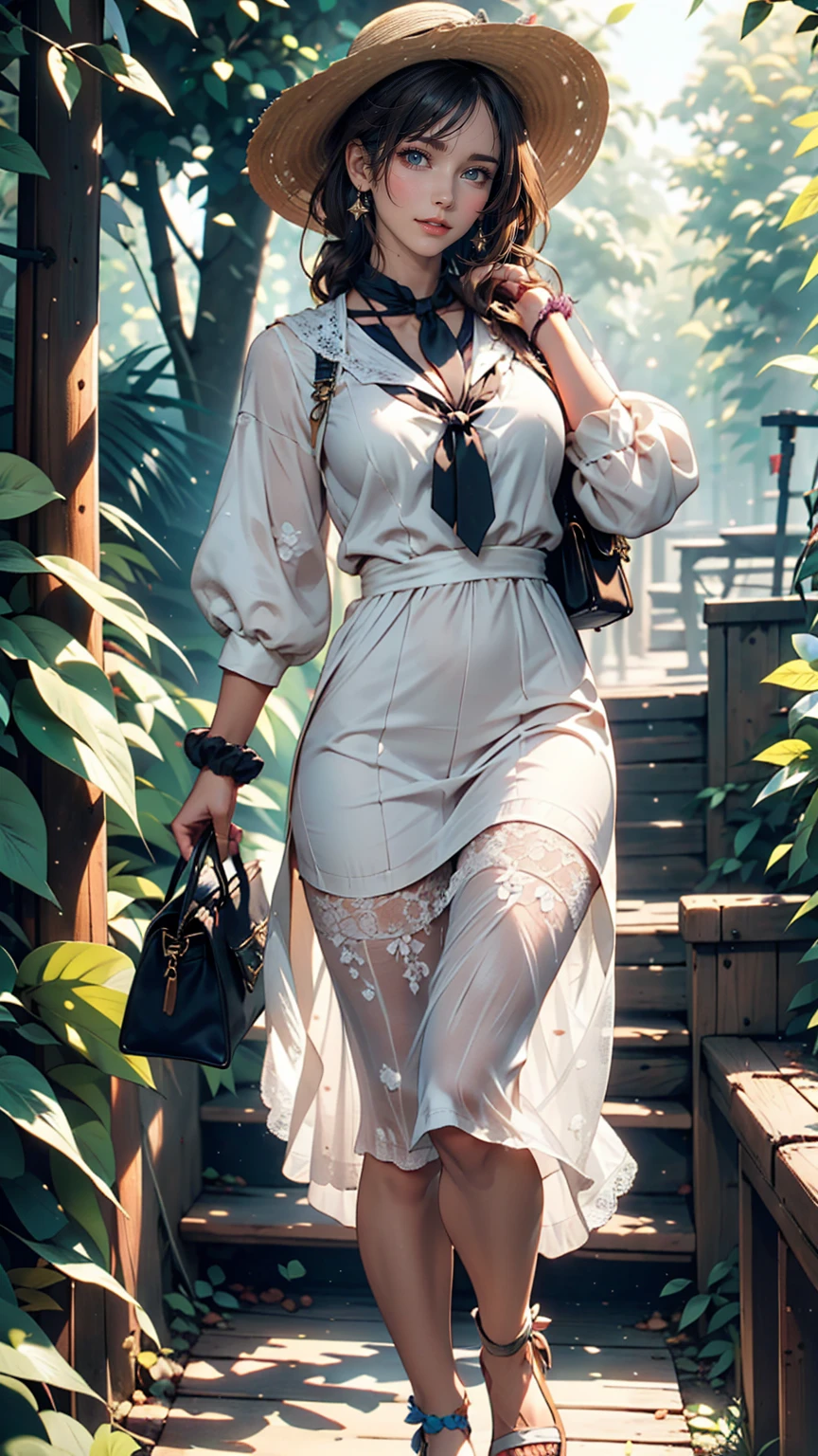 24-year-old female、Long eyelashes、Beautiful appearance、White summer dress decorated with lace、Brown Hair、Side Ponytail((Tie it up with a scrunchie))、Sunlight filtering through the trees、Forest Walk、Walking、Cute handbag、Sandals、Wide-brimmed hat decorated with ribbon((Capelin))、Wear a brightly colored scarf around your neck、Lady style
