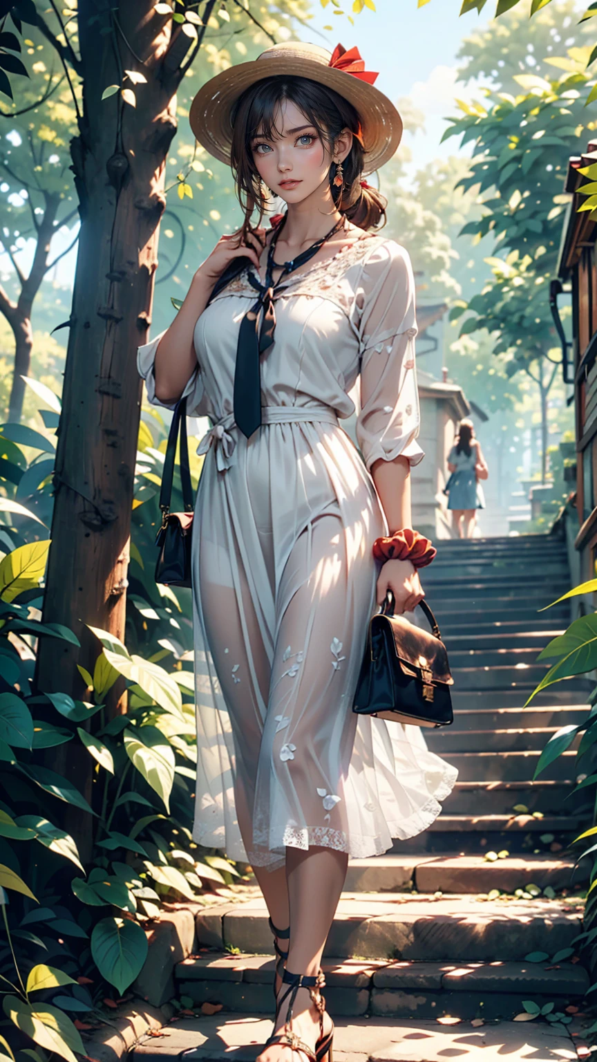 24-year-old female、Long eyelashes、Beautiful appearance、White summer dress decorated with lace、Brown Hair、Side Ponytail((Tie it up with a scrunchie))、Sunlight filtering through the trees、Forest Walk、Walking、Cute handbag、Sandals、Wide-brimmed hat decorated with ribbon((Capelin))、Wear a brightly colored scarf around your neck、Lady style