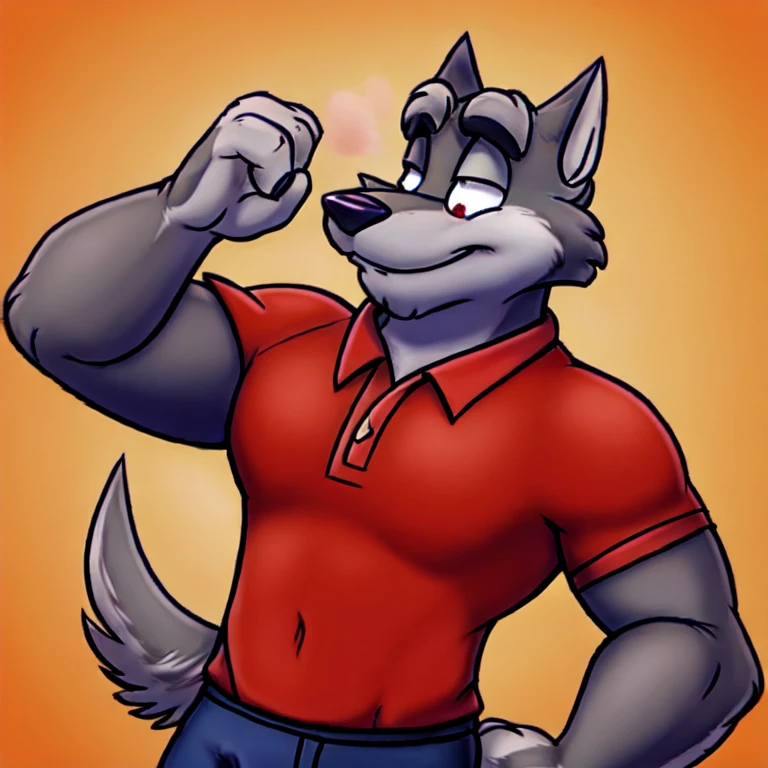 A picture of a handsome cute anthropomorphic male grey wolf named spike is wearing a red polo shirt and blue jeans on is posing while blushing.