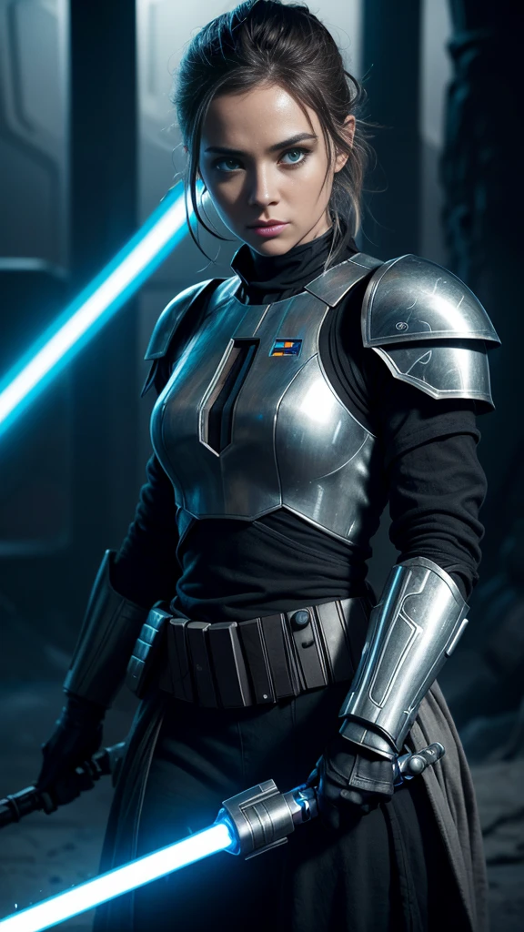 a female jedi in star wars, holding a glowing lightsaber, detailed face, beautiful eyes, long eyelashes, detailed intricate armor, sci-fi, epic, cinematic lighting, dramatic shadows, high contrast, vibrant colors, 8k, hyper detailed, masterpiece
