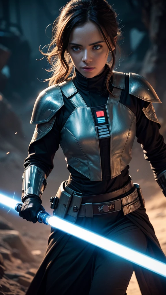 a female jedi in star wars, holding a glowing lightsaber, detailed face, beautiful eyes, long eyelashes, detailed intricate armor, sci-fi, epic, cinematic lighting, dramatic shadows, high contrast, vibrant colors, 8k, hyper detailed, masterpiece