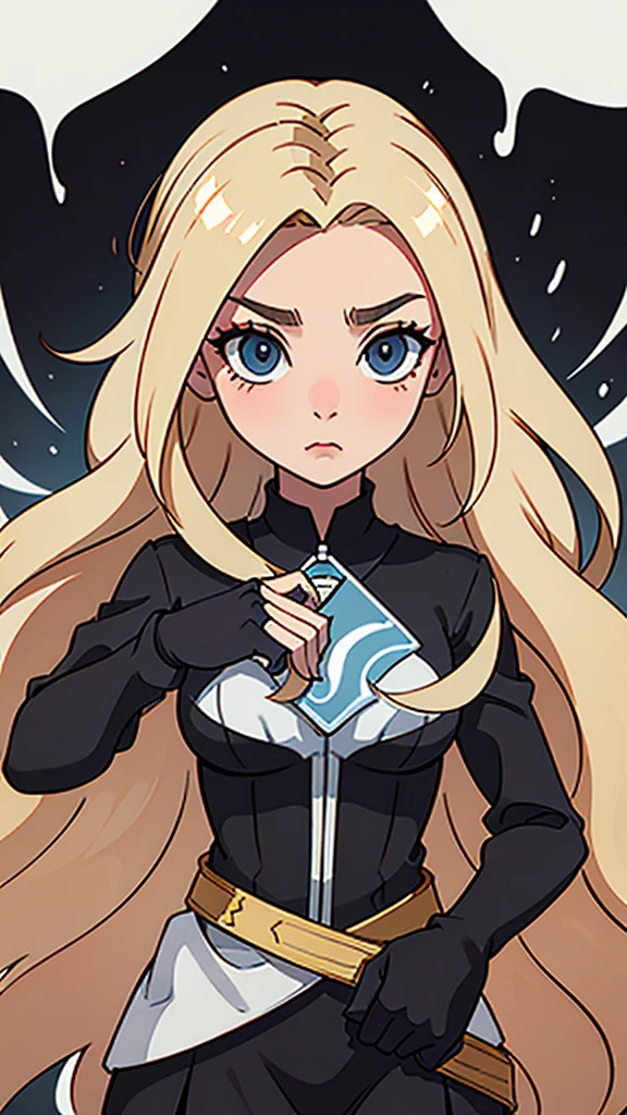 Nara Vor EndField has long, flowing blonde hair that reaches her waist and piercing blue eyes, reflecting intelligence and sharpness. She wears a simple yet stylish black dress with a high collar and a belt at the waist, adding a touch of elegance. Her serious and focused expression suggests determination and readiness for a challenge. The abstract, glowing background enhances the mysterious and dramatic aura surrounding her, emphasizing her strong and charismatic presence.
